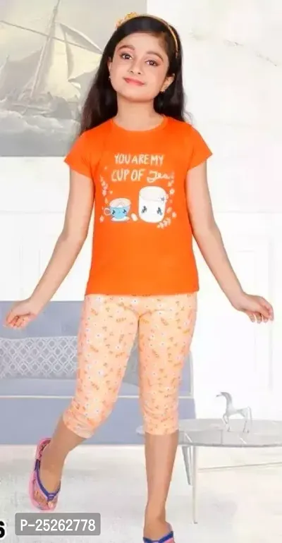 Fabulous Orange Cotton Blend Printed Top With Bottom Set For Girls