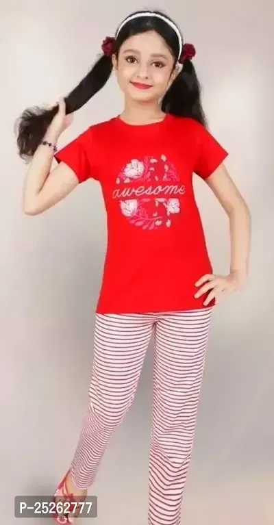 Fabulous Red Cotton Blend Printed Top With Bottom Set For Girls