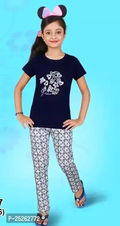 Fabulous Navy Blue Cotton Blend Printed Top With Bottom Set For Girls