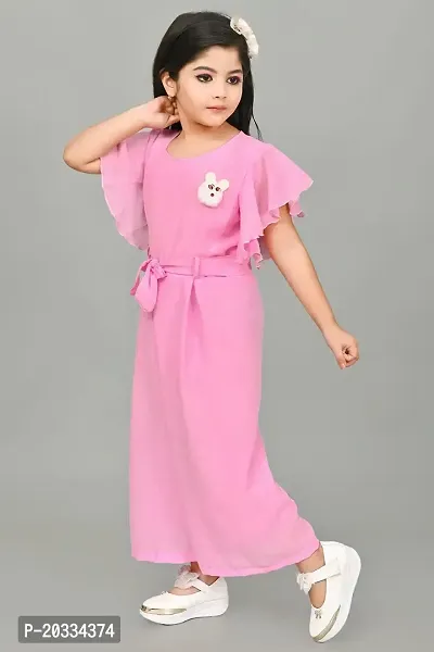 S N Collection Cotton Blend Casual Solid Jumpsuit Dress for Girls (Pink, 5-6 Years)-thumb3