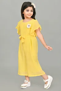 S N Collection Cotton Blend Casual Solid Jumpsuit Dress for Girls (Yellow, 9-10 Years)-thumb2