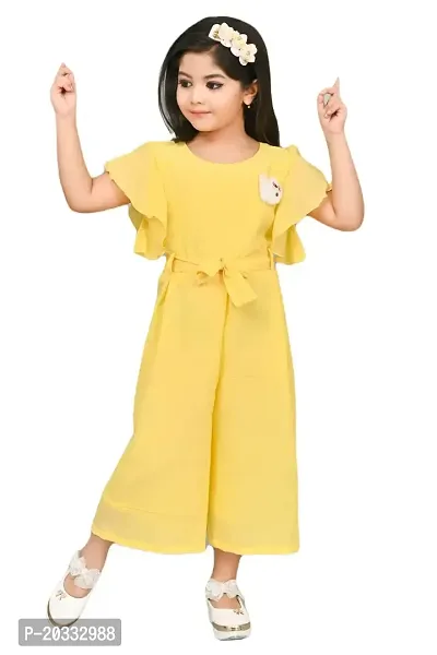 S N Collection Cotton Blend Casual Solid Jumpsuit Dress for Girls (Yellow, 2-3 Years)-thumb0