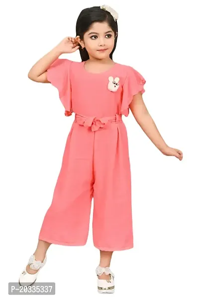 S N Collection Cotton Blend Casual Solid Jumpsuit Dress for Girls (Orange, 2-3 Years)-thumb0