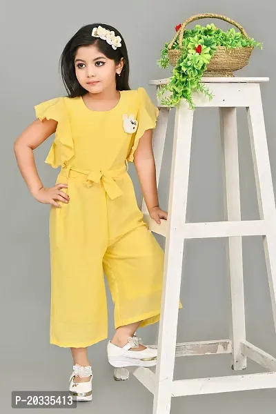 S N Collection Cotton Blend Casual Solid Jumpsuit Dress for Girls (Yellow, 9-10 Years)-thumb5