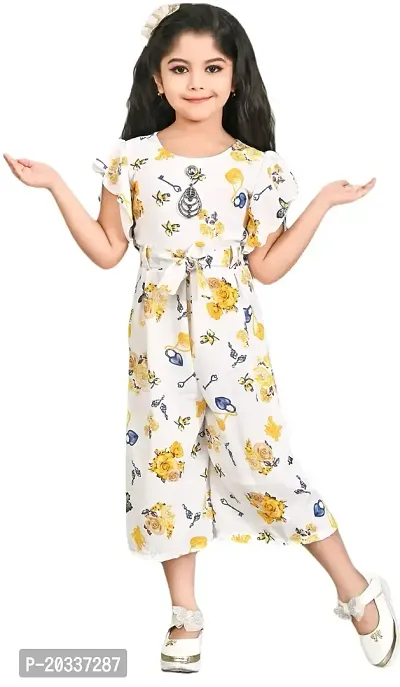 S N Collection Chiffon Casual Floral Print Jumpsuit Dress for Girls (Yellow, 7-8 Years)-thumb0