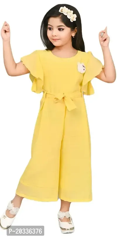 S N Collection Cotton Blend Casual Solid Jumpsuit Dress for Girls (Yellow, 3-4 Years)