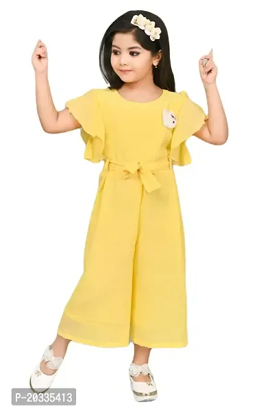 S N Collection Cotton Blend Casual Solid Jumpsuit Dress for Girls (Yellow, 9-10 Years)-thumb0