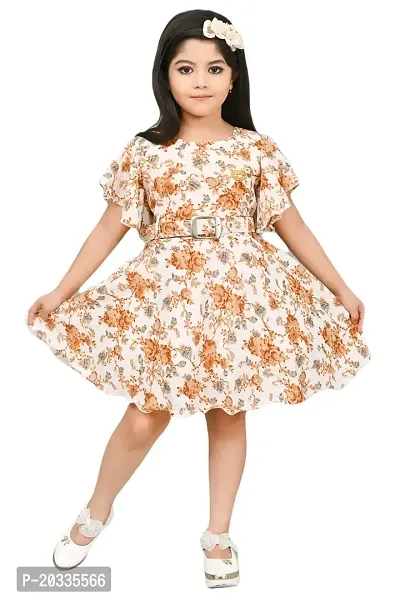 S N Collection Chiffon Casual Midi Floral Printed Dress for Girls (Brown, 8-9 Years)