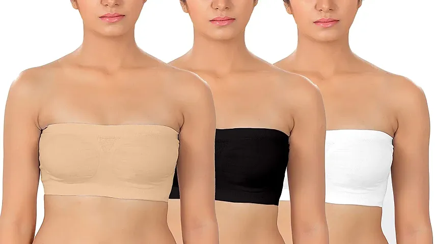 Pack Of 3 Women's Wire Free, Strapless, Non-Padded Tube Bra(Black, Beige, White)