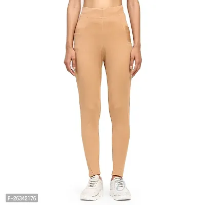 Stylish Beige Cotton Spandex Solid Jeggings Tight Pant For Women