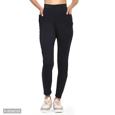 Stylish Navy Blue Cotton Spandex Solid Jeggings Tight Pant For Women