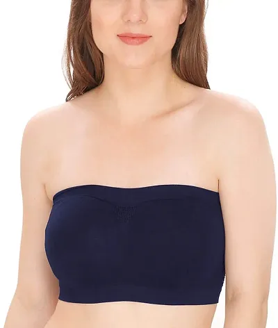 ShopOlica Women's Nylon Spandex Non Padded Non-Wired Bandeau Bra (Non-Padded-Tube-Bra-006_Navy Blue_Free Size)