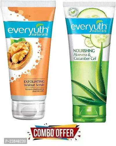 Everyuth Exfoliating Walnut Scrub, 100gm and Nourishing Aloe Vera  Cucumber Gel, 100gm, Combo Pack-thumb0