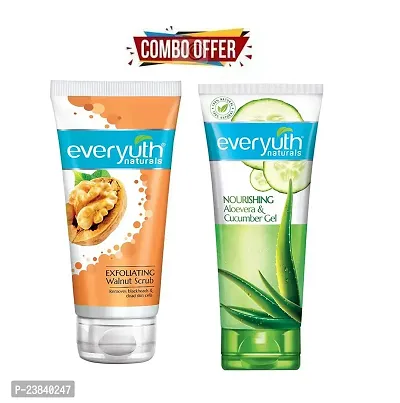 Everyuth Exfoliating Walnut Scrub, 100gm and Nourishing Aloe Vera  Cucumber Gel, 100gm, Combo Pack-thumb0