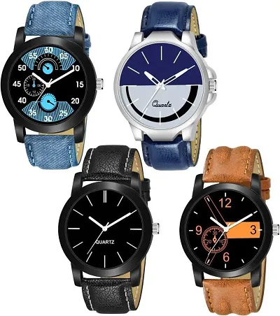 Stylish Synthetic Leather Analog Watch For Men Combo Of 4