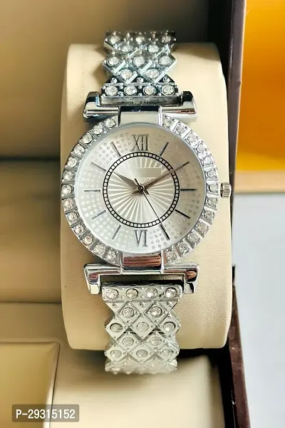 Luxury New Classy Look Silver Dial Diamond Studded Girl's Analog Watch - For Women-thumb3