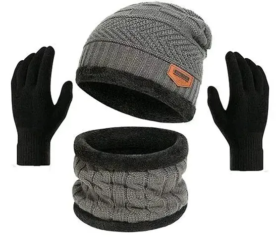 Devil Winter Knit Beanie Cap Hat Neck Warmer Scarf and Woolen Gloves Set Skull Cap for Men Women/Winter Cap for Men (3 Piece)-(Grey)