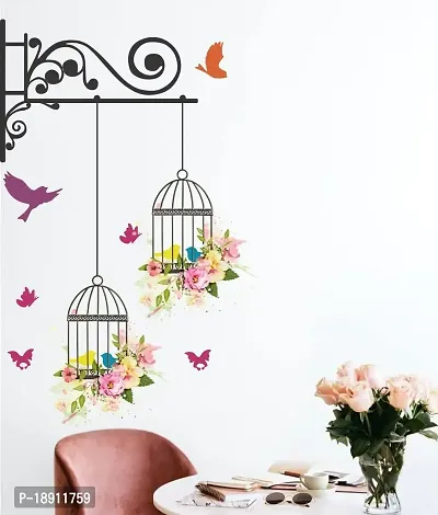 Decor Kraft Cage, Flower with Bird Wall Sticker  Decal,Size- 50 Cm X 36 Cm,Decorative