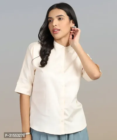 Elegant Peach Cotton Blend Solid Shirt For Women