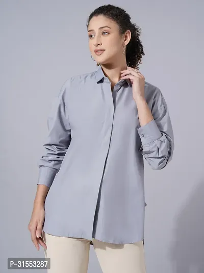 Elegant Grey Cotton Blend Solid Shirt For Women