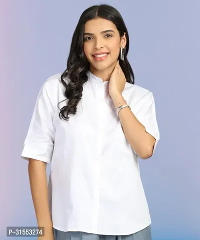 Elegant White Cotton Blend Solid Shirt For Women-thumb0