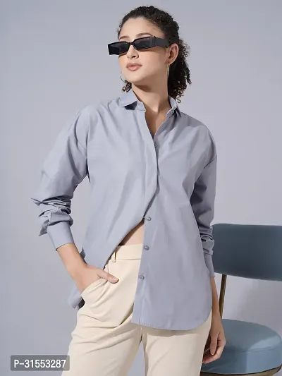 Elegant Grey Cotton Blend Solid Shirt For Women-thumb3