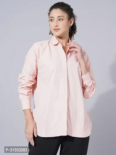 Elegant Peach Cotton Blend Solid Shirt For Women