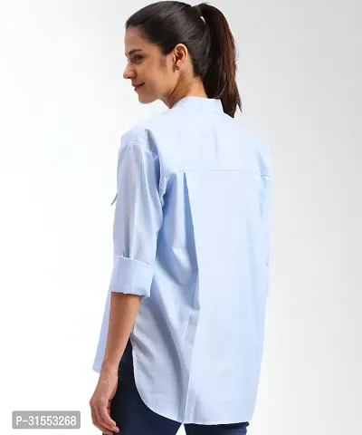 Elegant Blue Cotton Blend Mandarin Shirt For Women-thumb2