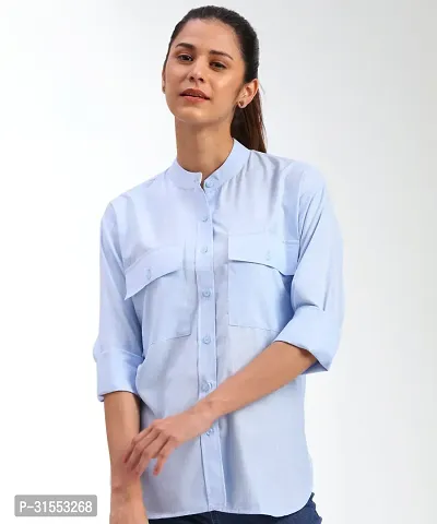 Elegant Blue Cotton Blend Mandarin Shirt For Women