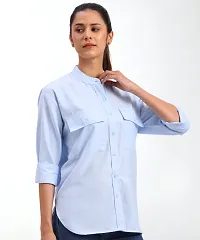 Elegant Blue Cotton Blend Mandarin Shirt For Women-thumb2