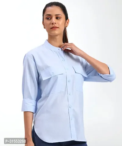 Elegant Blue Cotton Blend Mandarin Shirt For Women-thumb3