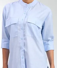 Elegant Blue Cotton Blend Mandarin Shirt For Women-thumb3