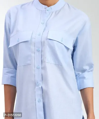 Elegant Blue Cotton Blend Mandarin Shirt For Women-thumb4