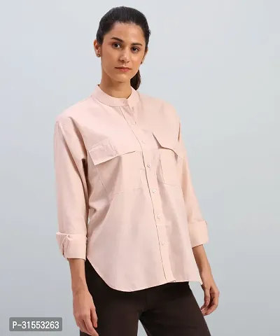 Elegant Peach Cotton Blend Mandarin Shirt For Women-thumb3