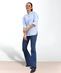 Elegant Blue Cotton Blend Mandarin Shirt For Women-thumb4