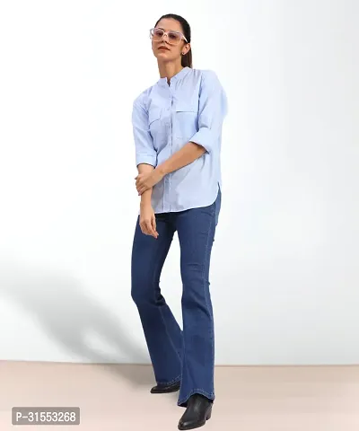 Elegant Blue Cotton Blend Mandarin Shirt For Women-thumb5