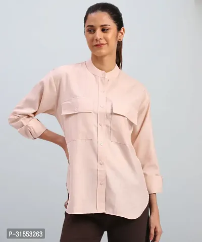 Elegant Peach Cotton Blend Mandarin Shirt For Women