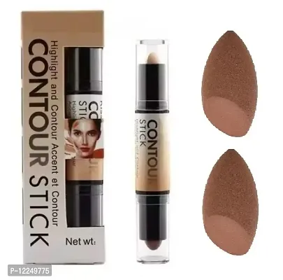 Dual-Ended Contour Stick, 2-in-1 Contour Stick with Contouring Shade and Highlighter, Easy-to-Blend Formula, for a Defined and Chiseled Look with 2 Puff Blander