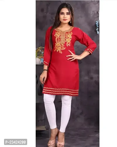 Elegant Red Embroidered Rayon Kurta For Women