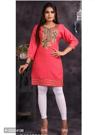Elegant Red Embroidered Rayon Kurta For Women