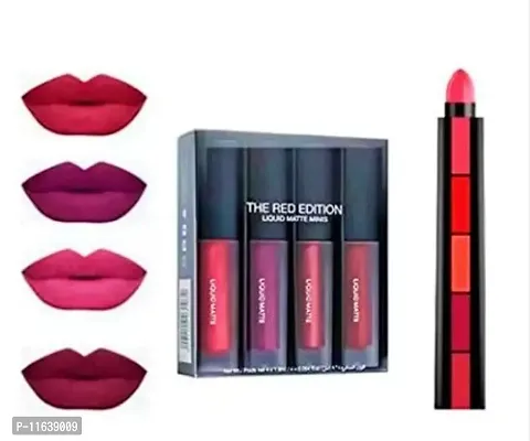 Vehlan Red  Mini Liquid Lipstick set of 4 with matte 5in1 red lipstick
