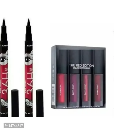 Red Edition 4in1 Matte Lipsticks with 2 Pcs 36H Eyeliner - (Pack of 6) ki