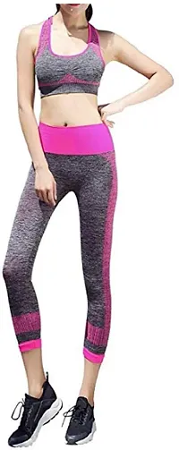 GYANVI Women Yoga Sets Sports Track Pant Outfit Set Gym Elastic Running Sport Suit Fitness Clothing Workout Wear Set (Free Size) (Pink)-thumb1