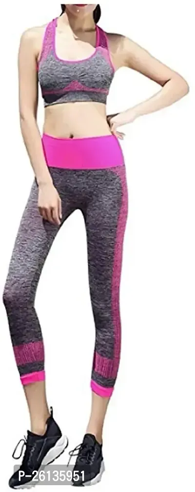 GYANVI Women Yoga Sets Sports Track Pant Outfit Set Gym Elastic Running Sport Suit Fitness Clothing Workout Wear Set (Free Size) (Pink)-thumb2