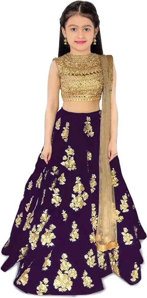 F Plus Fashion Taffeta Satin Kids Girls Semi Stitched Lehenga Choli