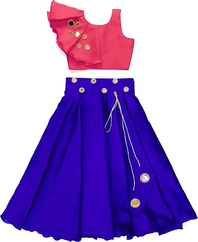 Fond Fashion Girl's Mirror Work Readymade Lehenga Choli (8-9 Years, Pink,Blue)