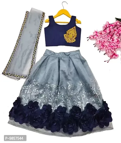 Girl's Satin Readymade Lehenga Choli With Net Duppatta (2-3 Years, Grey)