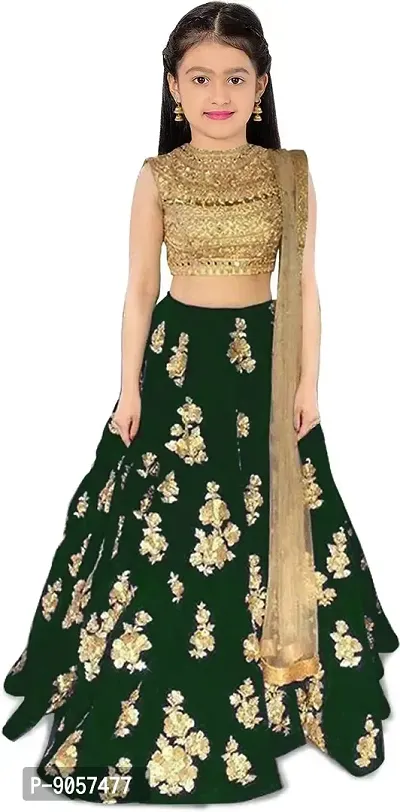 Fond Fashion Girls' Taffeta Satin Semi-Stitched Lehenga Choli (8-14 Years, Green)