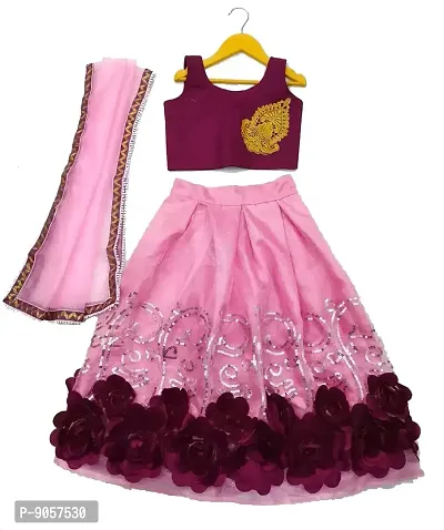 Girl's Satin Readymade Lehenga Choli With Net Duppatta (5-6 Years, Pink)-thumb0