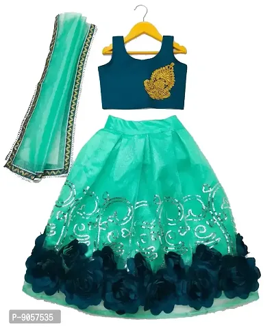 Girl's Satin Readymade Lehenga Choli With Net Duppatta (4-5 Years, Green)